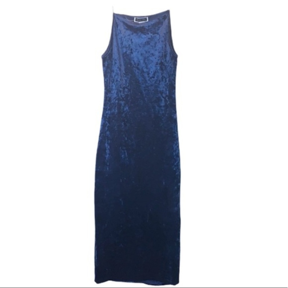 Anthro Another story fitted High Round Neck Blue velvet midi bodycon xs
